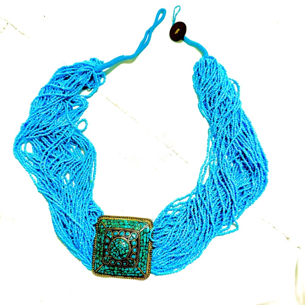 Turquoise Mosaic Multi-Strand Beaded Choker Necklace